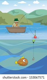 Fisherman in the boat, fish underwater, vector illustration