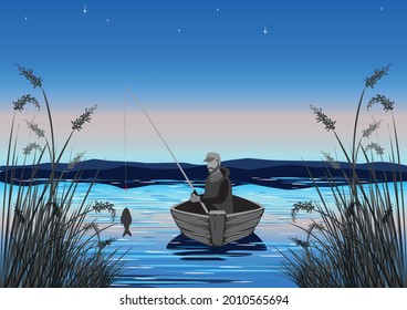 A fisherman in a boat is fishing in the reeds. Silhouette of a fisherman with a fishing rod on the background of a beautiful landscape with a sunset or sunrise in a cartoon style. Leisure and hobbies 