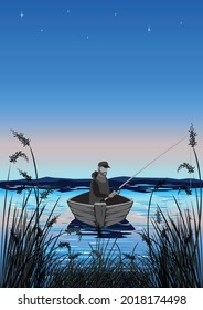 A fisherman in a boat is fishing in the reeds. Silhouette of a fisherman with a fishing rod on the background of a beautiful landscape with a sunset or sunrise in a cartoon style. Leisure and hobbies 