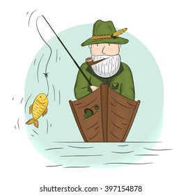Fisherman in a boat with a fishing rod.