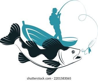 Fisherman In A Boat With A Fishing Rod. Big Fish Catch Silhouette