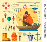 Fisherman in a boat fishing: fishing rod, hooks, bait, boat, fish, anchor, water, beard, chain, compass. Vector flat illustrations