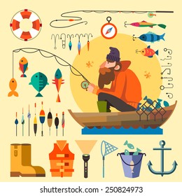 Fisherman In A Boat Fishing: Fishing Rod, Hooks, Bait, Boat, Fish, Anchor, Water, Beard, Chain, Compass. Vector Flat Illustrations