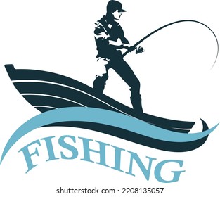 Fisherman in a boat with a fishing rod. Silhouette for fishing and hobby