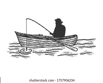 pescador en boceto de pesca en barco grabando ilustración vectorial. Diseño de impresión de ropa de camiseta. Imitación de tablero de raquetas. Imagen dibujada a mano en blanco y negro.