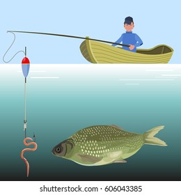 The fisherman in a boat is fishing. Vector illustration