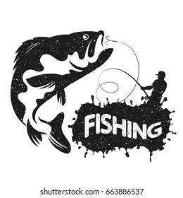 Fisherman with boat fishing vector silhouette