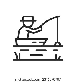 Fisherman in Boat Icon. Vector Outline Editable Sign of Angler Catching Fish with Fishing Rod. Outdoor Fishing Adventure Linear Minimal Illustration.