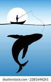 Fisherman in boat isolated outline. Man with fishing rod and big whale