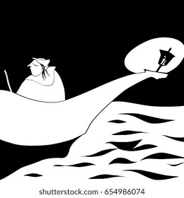 Fisherman in a boat with lantern floating into the night. Black and white vector illustration. Original style. Hand drawn black ink graphic. Male archetype.