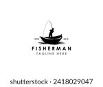 Fisherman in boat logo design. Vintage fishing logo design