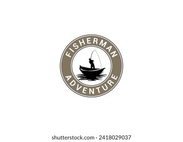 Fisherman in boat logo design. Vintage fishing logo design