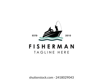 Fisherman in boat logo design. Vintage fishing logo design