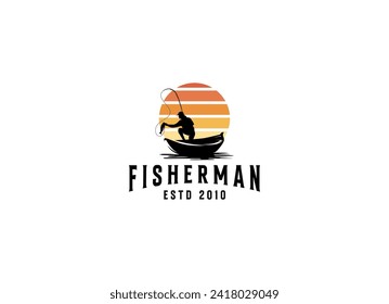 Fisherman in boat logo design. Vintage fishing logo design