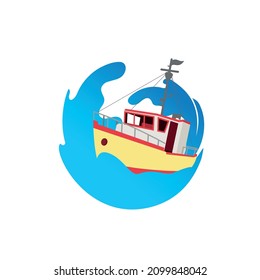 Fisherman boat logo illustration.Sea or ocean transportation, marine ship for industrial seafood production vector illustration in flat style.