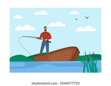 Fisherman at boat. Man with fishing rod on boat in lake. Hobby and leisure outdoors. Recreation and relax in summer day. Flat vector illustration isolated on white background