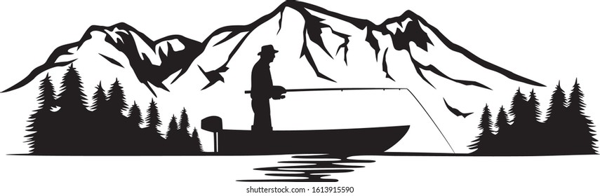 Fisherman in a boat and mountain landscape (vector illustration)