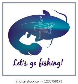 Fisherman in a boat on the background of fish. Vector illustration.