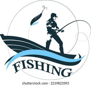 The fisherman is in the boat. Boat on a blue wave. Fisherman fishing silhouette