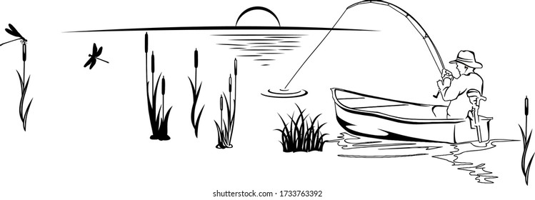 fisherman in a boat on the lake, black and white illustration