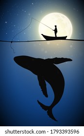 Fisherman in boat on moonlight night. Man silhouette with fishing rod and big whale under water. Full moon in starry sky. Vector illustration for use in polygraphy, textile, design, nursery decor