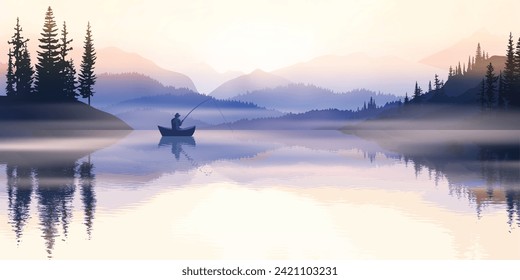 Pescador en un bote en un lago de montaña al amanecer, niebla y costas boscosas, dibujo vectorial