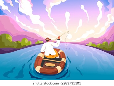 Barco de pescadores en el estanque. Pesca matutina en lago forestal o río, pesca de dibujos animados con peces de vara, vacaciones de verano actividades de pescadores y recreación reciente ilustración vectorial del río barco