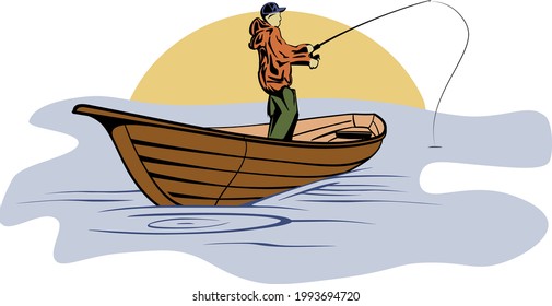 Pescador en un bote, en un río. Cazando pescado, pescando. Ilustración vectorial aislada en fondo blanco.