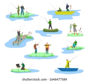 Fisherman in boat on river, people with spinning rod catching fish in lake water, vector illustration. Men fishing, set of isolated cartoon characters in flat style, outdoor hobby, weekend activity