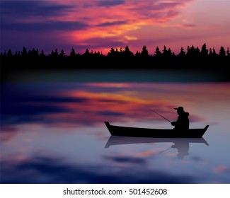 Fisherman in a boat on the river. Sunset landscape