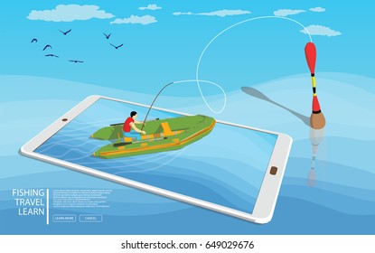 Fisherman in boat on tablet screen with fishing float