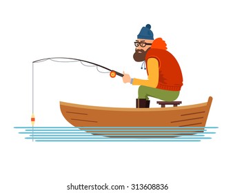 Fisherman in a boat on the white background