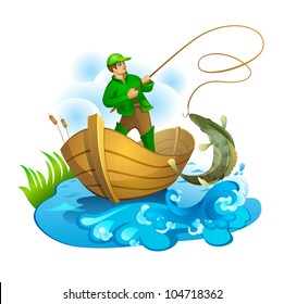 Fisherman in a boat pulling a fish