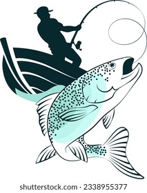 Fisherman in a boat with a rod. Catch big fish design