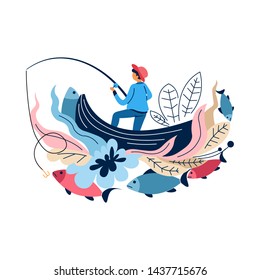 Fisherman in boat with rod fishing sport catching fish vector abstract concept fisher angling with spinning carp and bass herring or salmon outdoor activity and recreation leisure fishery equipment.
