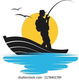 Fisherman in a boat with a rod. Silhouette of a fisherman at sunset. Sport fishing and hobby