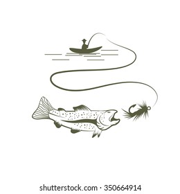 fisherman in boat and salmon vector illustration