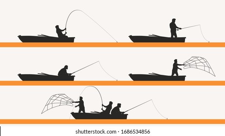 fisherman in boat silhouette set