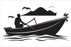 Fisherman In Boat Silhouette  Vector Illustration