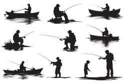 Fisherman In Boat Silhouette  Vector Illustration