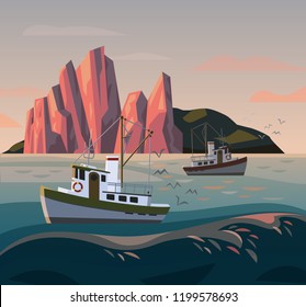 Fisherman Boat At Storm. Sunset At Sea Or Ocean, River Or Lake With Fishing Trawler. Mountains Near Marine Ship Or Nautical Transport. Seafood And Transportation, Fishery And Transport Theme