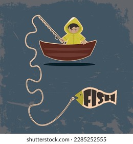 Fisherman, fisherman in a boat, vector image, retro stylization, vintage, logo, icon, clipart, banner, sticker