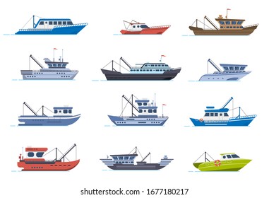 Fisherman boats. Fishing commercial ships, fisher sea boat for ocean water, shipping seafood industry boat isolated vector illustration set. Sea fishing, ship marine industry, fish boat