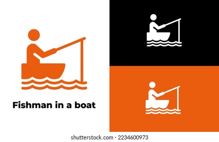 fisherman in a bot vector icon color simple design, symbol camping