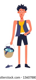 Fisherman boy with fish bucket fishing hobby isolated male character vector man carrying catch leisure pastime summer outdoor activity villager in shorts with kettle of crucian carps in water food