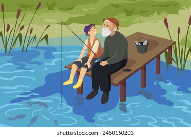 Pescador y niño pescando en el agua del lago. Abuelo y nieto mayores sentados en el viejo muelle de madera para pescar juntos, divertida aventura familiar de verano en la Ilustración vectorial de dibujos animados de la naturaleza