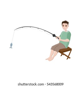 fisherman brunette man with fishing rod fishes