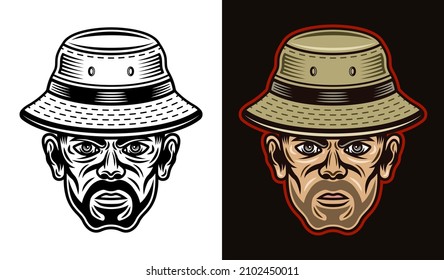 Fisherman in bucket hat with bristle. Vector character illustration in two styles black on white and colorful on dark background