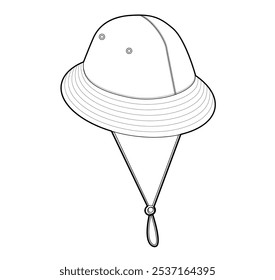 Fisherman Bucket Hat with Cord Stopper. Summer Head Fashion accessory cap clothing technical illustration. Vector headgear for Men, women, unisex style flat template CAD mockup sketch outline isolated