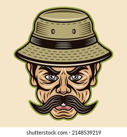 Fisherman in bucket hat with mustache vector character illustration in colorful cartoon style isolated on light background